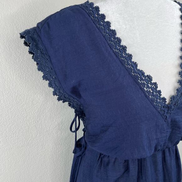 Lush Navy Blue Lace Trim Gauze V-Neck High-Low Sleeveless Midi Dress Large - Picture 7 of 14